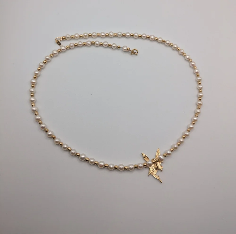 14k Yellow Gold Beaded Pearl Necklace With Fairy Pendant - Picture 10 of 15